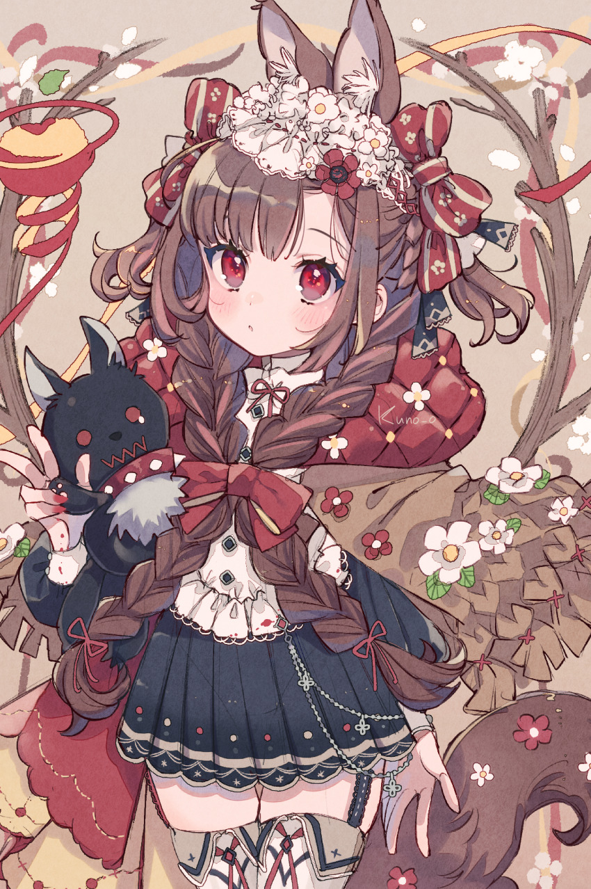 1girl absurdres animal_ear_fluff animal_ears black_skirt blush bow braid brown_hair hair_bow highres jikuno little_red_riding_hood_(fairy_tale) little_red_riding_hood_(fairy_tale_character) long_hair original pleated_skirt red_bow red_eyes shirt skirt solo stuffed_wolf thighhighs twin_braids white_shirt