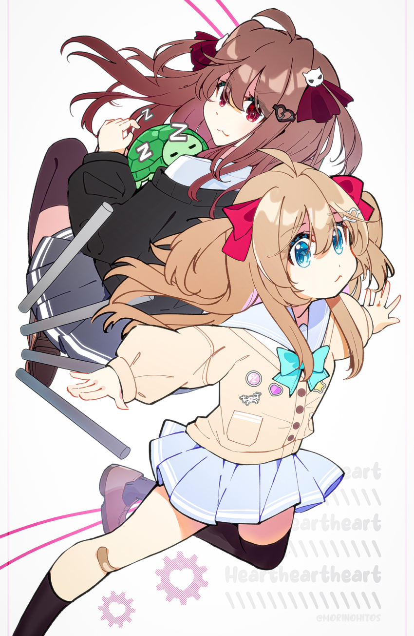 1boy 2girls aqua_bow asymmetrical_legwear black_cardigan black_skirt black_socks black_thighhighs blue_eyes blue_skirt bow brown_hair cardigan evil_neuro-sama hair_ribbon highres long_hair morinohito multiple_girls neuro-sama pleated_skirt red_eyes red_ribbon ribbon sailor_collar short_twintails simple_background skirt socks thighhighs turtle twintails vedal987 vedal_ai virtual_youtuber white_background yellow_cardigan