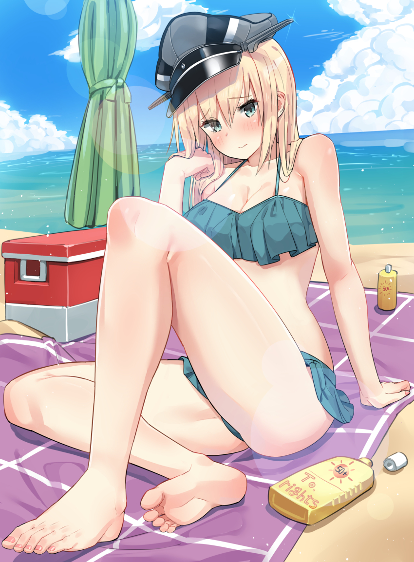 1girl aqua_eyes bad_id bad_pixiv_id barefoot beach bikini bikini_skirt bismarck_(kancolle) blonde_hair blush breasts closed_mouth cloud cloudy_sky collarbone commentary_request commission cosplay feet female_focus green_bikini hair_between_eyes hat highres kantai_collection kasumi_(kancolle) kasumi_(kancolle)_(cosplay) kasumi_kai_ni_(kancolle) kasumi_kai_ni_(swimsuit)_(kancolle) long_hair looking_at_viewer lotion_bottle ocean osananajimi_neko peaked_cap sitting sky soles solo swimsuit toenails toes