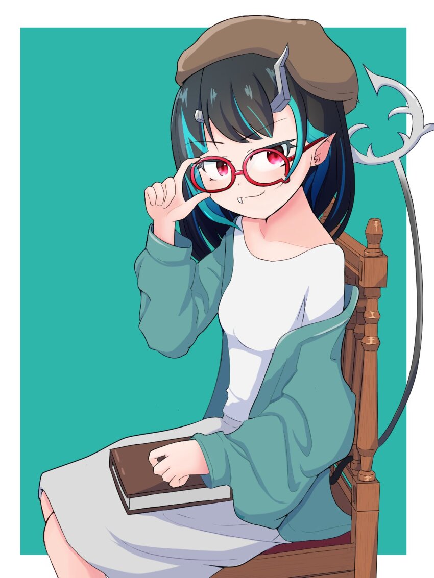 1girl adjusting_eyewear alternate_costume beret bespectacled black_hair blue_background blue_hair blue_jacket book breasts brown_hat chair closed_mouth commentary_request demon_girl demon_horns demon_tail dress fang feet_out_of_frame glasses hat highres horns jacket looking_at_viewer medium_hair multicolored_hair nanashi_inc. open_clothes open_jacket pointy_ears red-framed_eyewear red_eyes rokusuke_nonaka shishio_chris simple_background sitting small_breasts smile solo tail two-tone_background two-tone_hair virtual_youtuber white_background white_dress