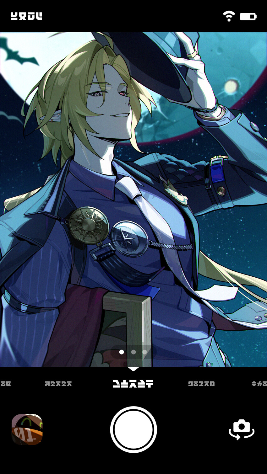 1boy absurdres blonde_hair commentary earrings english_commentary fedora film_grain formal_clothes full_moon hat heterochromia highres hugo_vlad jewelry long_hair long_sleeves looking_at_viewer medal moon multiple_rings necktie night night_sky official_art painting_(object) pointy_ears purple_necktie purple_suit red_eyes ring sky smile solo star_(sky) starry_sky suit user_interface zenless_zone_zero