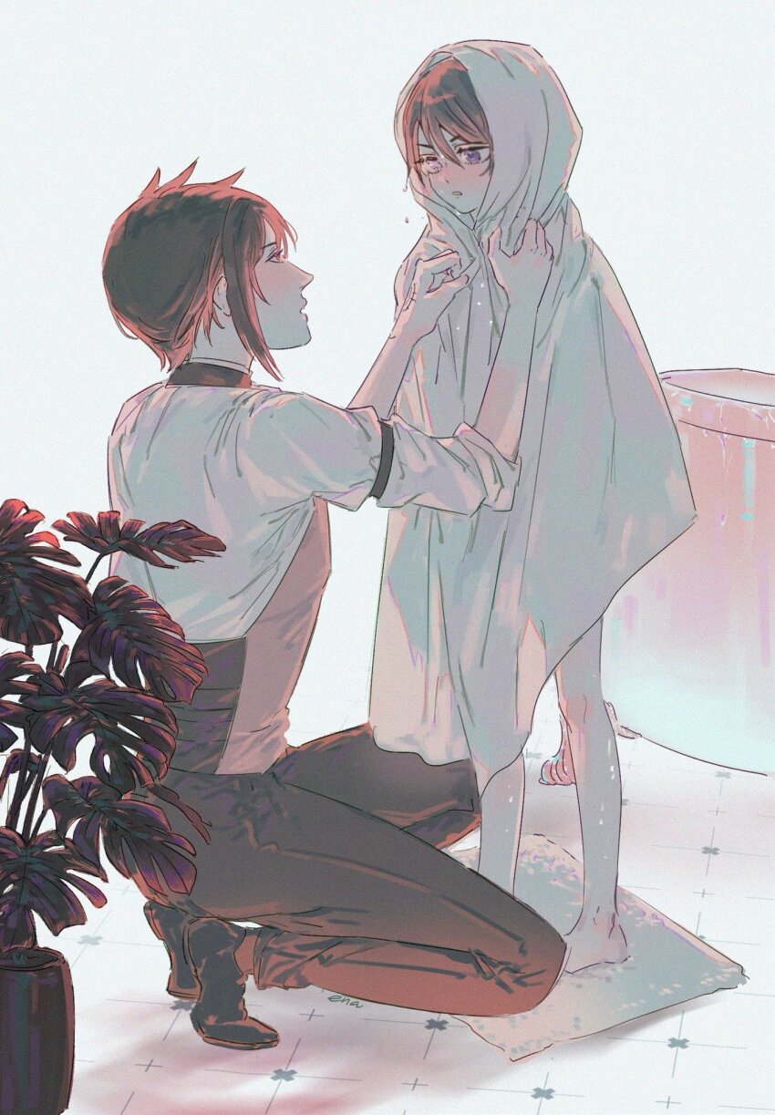 2boys bathtub black_hair butler child ciel_phantomhive claw_foot_bathtub ena33333333 hair_between_eyes heterochromia highres kuroshitsuji male_focus multiple_boys naked_towel sebastian_michaelis shirt short_hair squatting standing towel vest victorian wet wet_hair