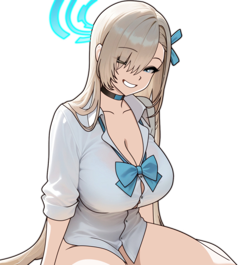 1girl asuna_(blue_archive) asuna_(school_uniform)_(blue_archive) blonde_hair blue_archive blue_bow blue_bowtie blue_eyes blue_halo bottomless bow bowtie breasts choker cleavage collarbone devil_jone_qrit grin hair_over_one_eye hair_ribbon halo large_breasts long_hair looking_at_viewer loose_bowtie one_eye_closed ribbon shirt shirt_rolled_up sitting smile solo thighs transparent_background very_long_hair white_shirt