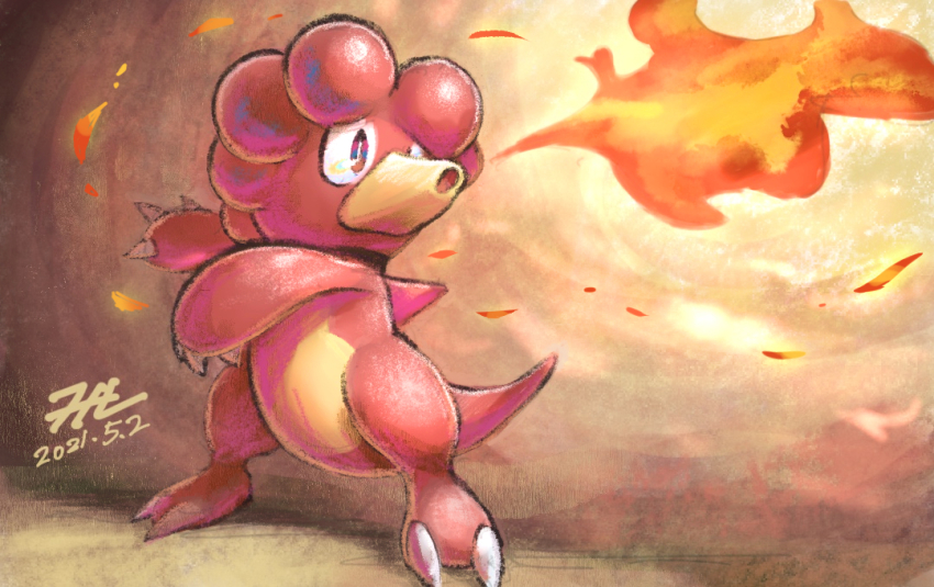 breath_weapon breathing_fire bright_pupils claws commentary_request dated fire full_body gen_2_pokemon legs_apart looking_to_the_side magby multicolored_eyes nintendo no_humans null_suke one-hour_drawing_challenge open_mouth pokemon pokemon_(creature) pokemon_focus signature solo standing white_pupils
