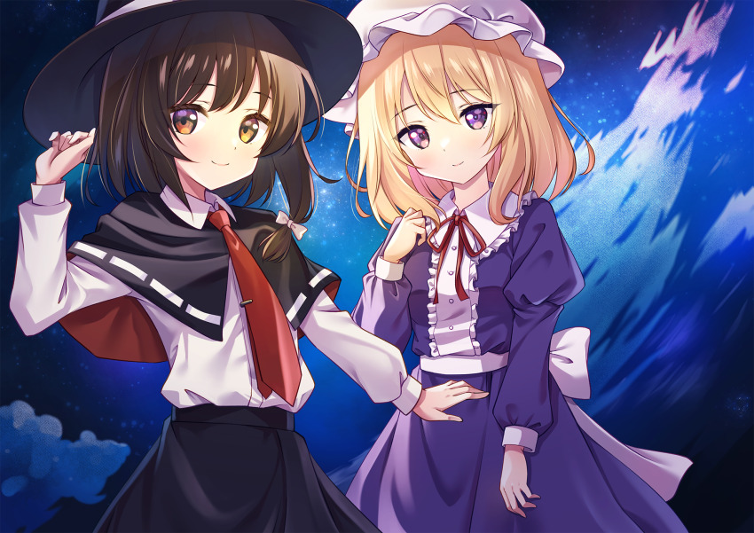2girls black_capelet black_headwear black_skirt blonde_hair blush brown_eyes brown_hair capelet center_frills closed_mouth dress frills hair_between_eyes hat highres long_sleeves looking_at_viewer maribel_hearn medium_hair mob_cap multiple_girls murasaki_atsushi neck_ribbon necktie purple_dress purple_eyes red_necktie red_ribbon ribbon ribbon-trimmed_capelet ribbon_trim shirt short_hair skirt smile touhou usami_renko white_headwear white_shirt