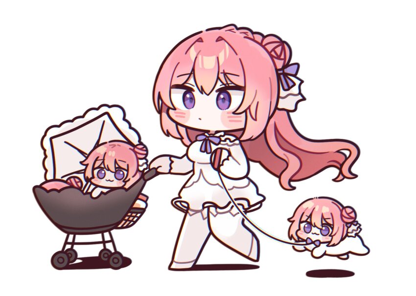 4girls all_fours bow bowtie doro_(nikke) dorothy_(nikke) dress goddess_of_victory:_nikke leash mming_(mmingis18) multiple_girls pet_walking pink_hair purple_bow purple_bowtie stroller white_dress
