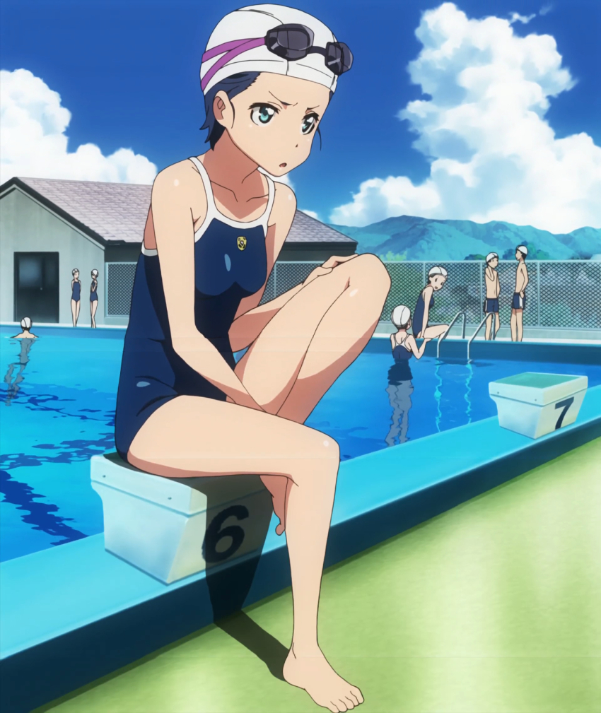 3boys 5girls ano_natsu_de_matteru bare_shoulders barefoot blue_eyes blue_hair building chain-link_fence cloud day feet fence goggles highres male_swimwear mountain multiple_boys multiple_girls one-piece_swimsuit open_mouth outdoors pool scenery school_swimsuit sitting sky standing stitched swim_cap swim_goggles swim_trunks swimsuit tanigawa_kanna third-party_edit water wet