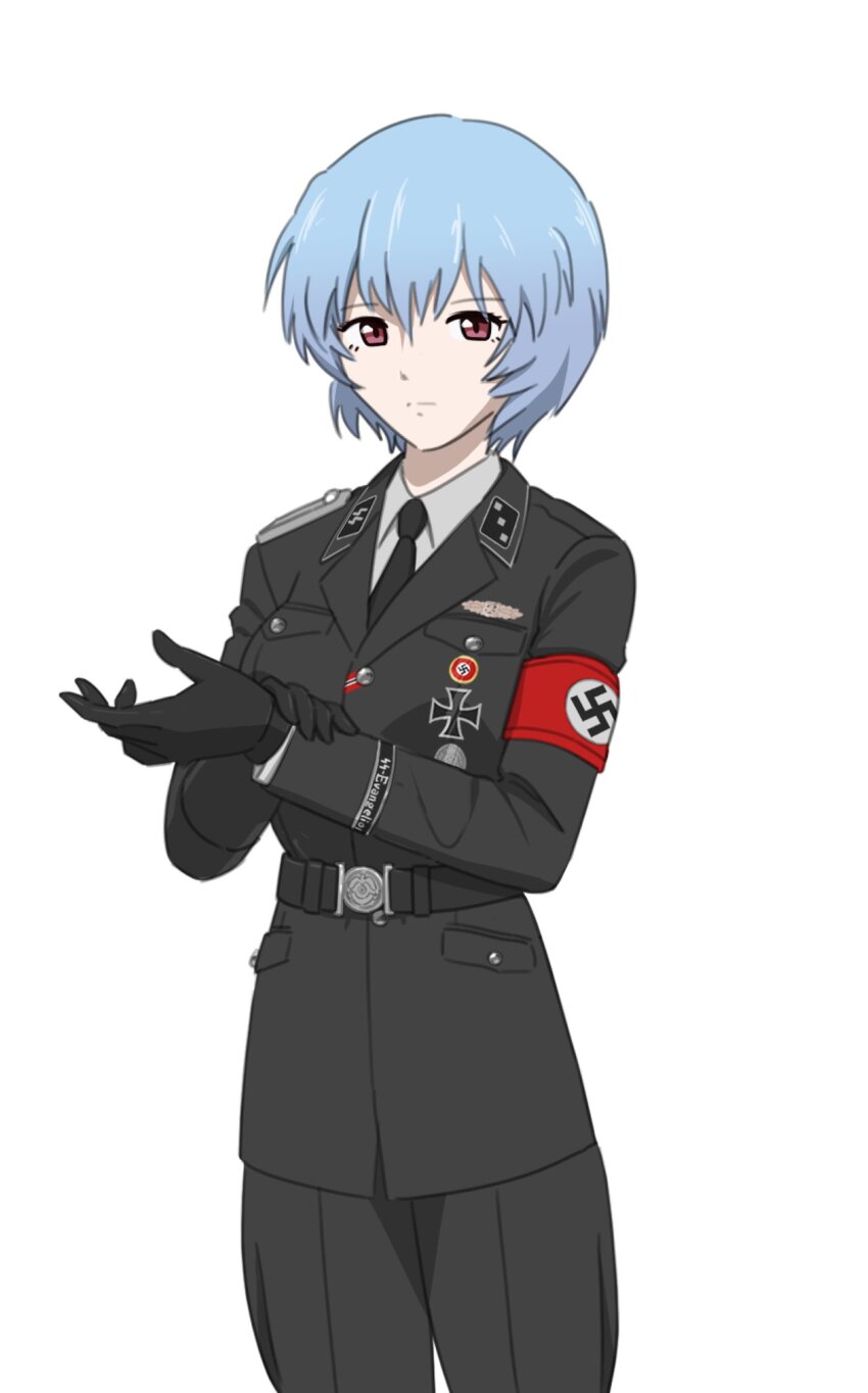 1girl armband ayanami_rei belt black_cat03 black_gloves black_jacket black_necktie black_pants blue_hair closed_mouth collar_tabs commentary dress_shirt english_commentary gloves highres jacket looking_at_viewer nazi nazi_party_pin necktie neon_genesis_evangelion pants red_armband red_eyes shirt short_hair simple_background solo ss_insignia ss_uniform waffen-ss white_background white_shirt