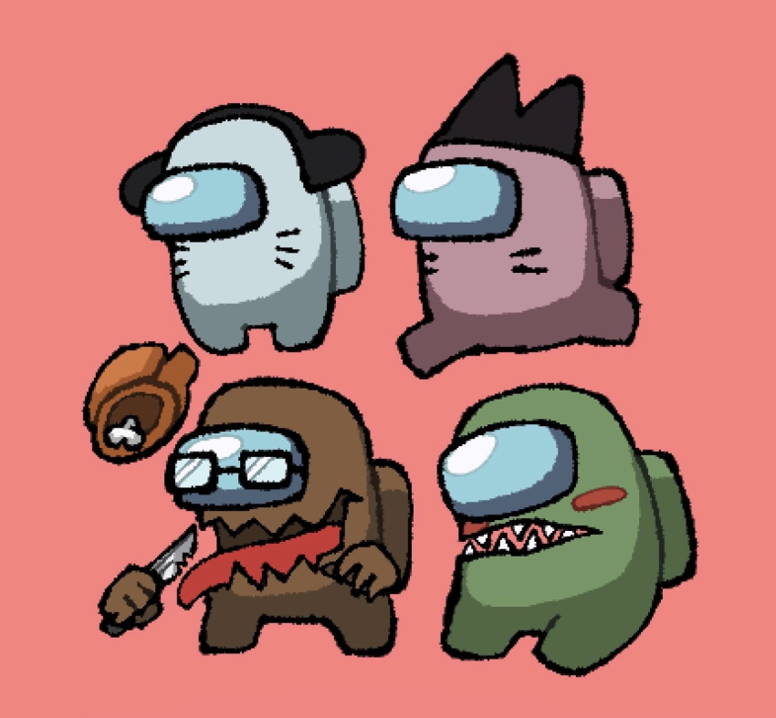 among_us animal_hat brown_(among_us) cat_hat commentary_request crewmate_(among_us) dead_body_(among_us) facial_mark glasses green_(among_us) hat highres holding holding_knife impostor_(among_us) knife luther_von_ivory nyen_(randal&#039;s_friends) nyon_(randal&#039;s_friends) pink_(among_us) pink_background randal&#039;s_friends randal_ivory riokku_heya sebastian_de_tomato_smith_chicken_legs sharp_teeth simple_background teeth tongue tongue_out whisker_markings white_(among_us)