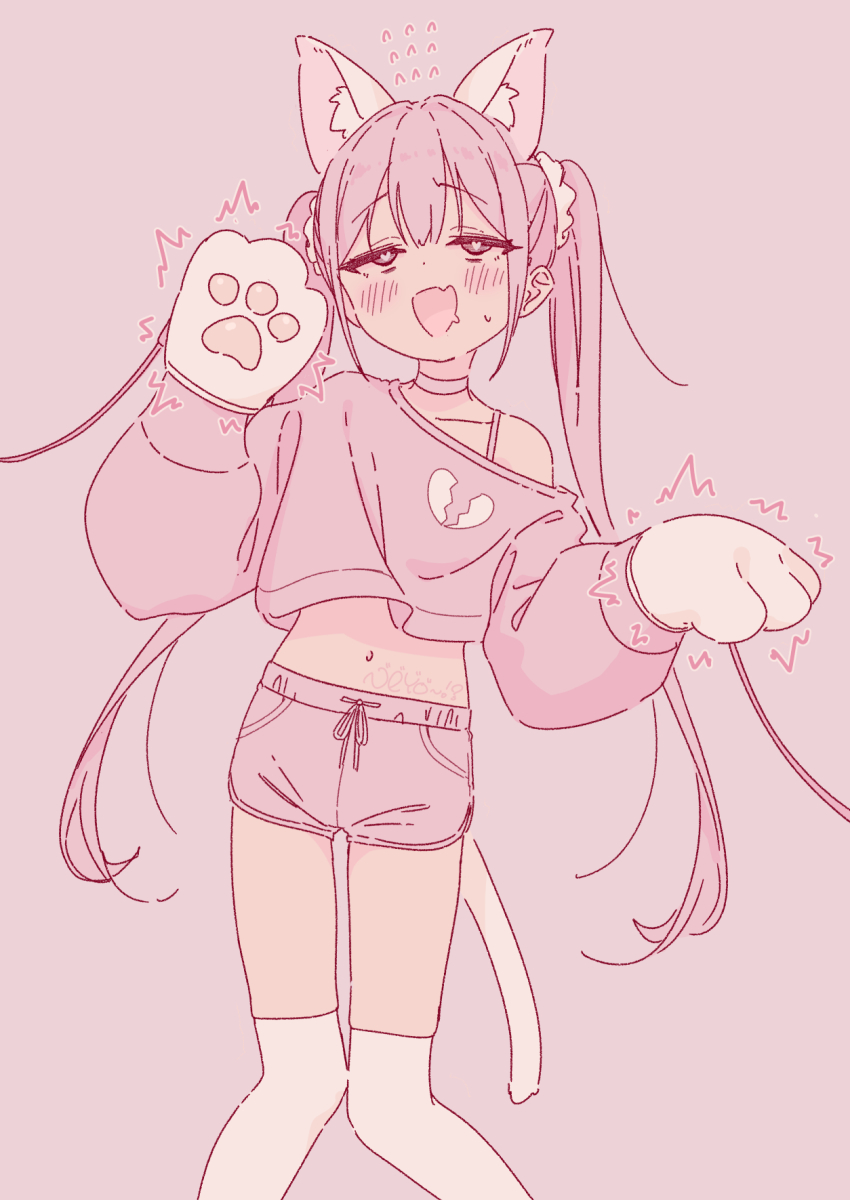 1girl :d animal_ear_fluff animal_ears animal_hands blush brown_background cat_ears cat_girl cat_tail choker commentary_request crop_top dolphin_shorts drooling fang flying_sweatdrops gloves heart heart-shaped_pupils highres jigatei_(omijin) long_hair long_sleeves midriff mouth_drool navel off_shoulder open_mouth original paw_gloves pink_hair pink_shirt pink_shorts puffy_long_sleeves puffy_sleeves romaji_text shirt short_shorts shorts simple_background smile solo sweat symbol-shaped_pupils tail thighhighs twintails very_long_hair white_choker white_gloves white_thighhighs