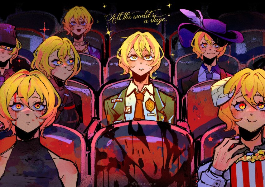 6+girls :3 absurdres badge black_coat black_undershirt blonde_hair blood blood_on_face chair closed_mouth coat collared_shirt don_quixote_(project_moon) e.g.o_(project_moon) food highres horns indoors lantern_(e.g.o) lapels lexia_solve_e limbus_company lobotomy_corporation_(identity)_(project_moon) middle_(identity)_(project_moon) movie_theater multiple_girls multiple_persona n_corp._fanatic_(identity)_(project_moon) necktie notched_lapels open_mouth popcorn project_moon red_necktie sheep_horns shi_association_south_uniform shirt short_hair sleeveless sleeveless_shirt smile sparkle w_corp._(identity)_(project_moon) white_shirt yellow_eyes