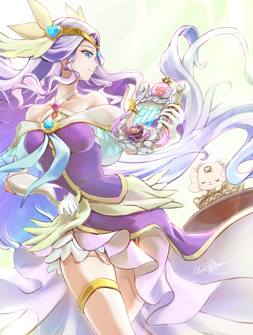 1girl animal_ears artist_name basket blue_eyes bow breasts circlet clear_glass_(mildmild1311) collarbone cure_earth dog dress ear_ribbon earrings earth_windy_harp elbow_gloves fuurin_asumi gloves hair_ornament healin&#039;_good_precure heart heart_hair_ornament highres jewelry latte_(precure) long_hair magical_girl medium_breasts pom_pom_(clothes) pom_pom_earrings precure purple_dress purple_hair revision signature sleeping smile thighlet tiara twitter_username very_long_hair white_gloves