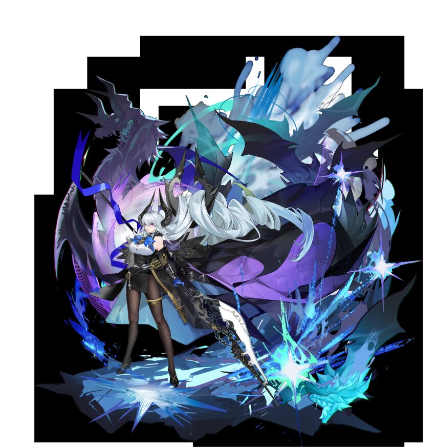 1girl ascot bare_shoulders belt black_belt black_coat black_corset black_dress black_fur black_horns black_necktie black_pantyhose black_shoes blue_ascot blue_gloves blue_ribbon breasts buttons coat collared_shirt corset dragon dragon_girl dragon_horns dress echocalypse fold-over_collar full_body fur_collar gloves gold_thighlet gold_trim hair_between_eyes high_heels highres holding holding_polearm holding_weapon horns jewelry large_breasts large_horns long_hair necktie niz_(echocalypse) off_shoulder official_art open_clothes open_coat pantyhose pelvic_curtain polearm purple_eyes quilted_clothes ribbon second-party_source shirt shoes simple_background sleeveless sleeveless_shirt solo standing tachi-e thighlet two-sided_coat two-sided_fabric underbust vambraces very_long_hair weapon white_hair white_shirt