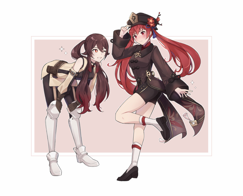 2girls accessories armor bike_shorts blush brown_hair commission commissioner_upload cosplay costume_switch crossover fire_emblem fire_emblem_awakening genshin_impact greaves hat highres hu_tao_(genshin_impact) leaning_forward multiple_girls nintendo one_eye_closed red_eyes red_hair severa_(fire_emblem) simple_background standing standing_on_one_leg twintails witchi