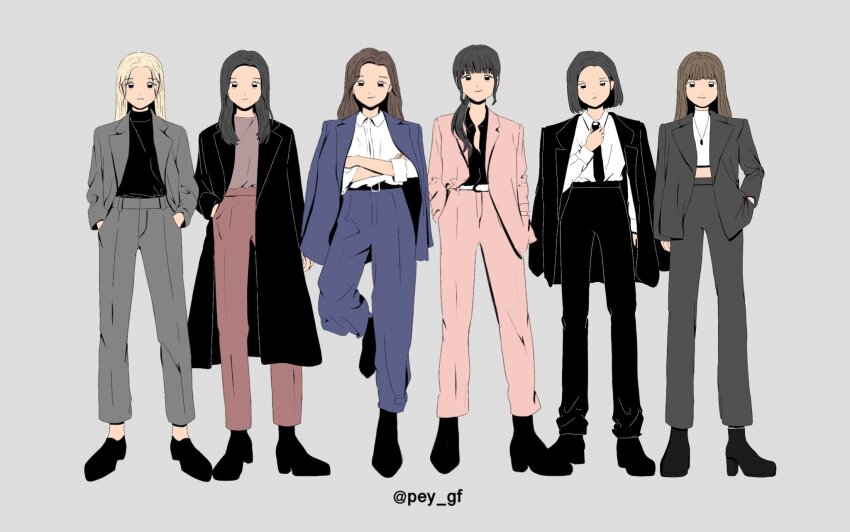 6+girls black_coat black_footwear black_hair black_necktie black_pants blonde_hair blue_suit blunt_bangs bob_cut brown_hair coat commentary crossed_arms eunha_(gfriend) formal_clothes full_body gfriend grey_background grey_pants hand_in_pocket hands_in_pockets highres jacket jacket_on_shoulders jewelry k-pop looking_at_viewer medium_hair multiple_girls necklace necktie pants pey_gf pink_pants pink_suit real_life shirt side_ponytail sidelocks simple_background sinb_(gfriend) smile sowon_(gfriend) suit twitter_username umji_(gfriend) white_shirt wing_collar yerin_(gfriend) yuju_(gfriend)