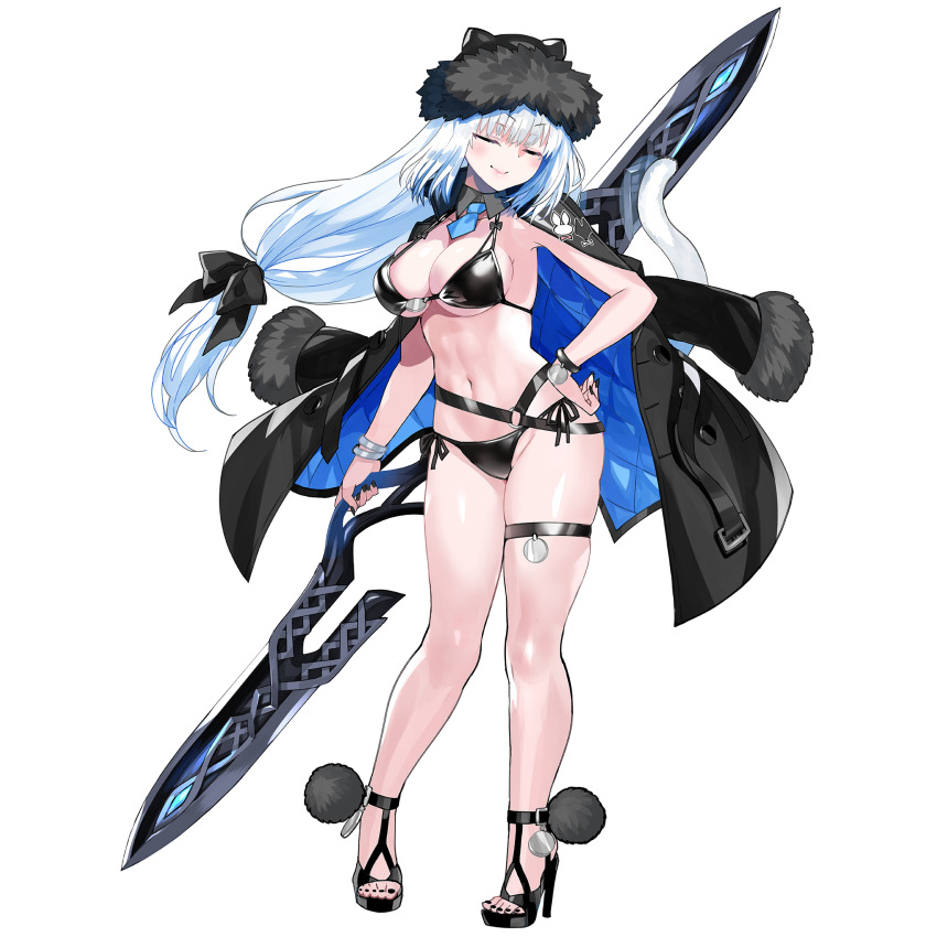 1girl animal_ears bikini black_bikini black_hat black_jacket black_ribbon blush bracelet breasts cat_ears cat_girl cat_tail cleavage closed_eyes detached_collar dobrynya_nikitich_(fate) dobrynya_nikitich_(swimsuit_lancer)_(fate) dobrynya_nikitich_(swimsuit_lancer)_(first_ascension)_(fate) fate/grand_order fate_(series) full_body fur-trimmed_headwear fur_trim game_cg hair_ribbon hat high_heels highres jacket jacket_on_shoulders jewelry large_breasts long_hair looking_at_viewer navel necktie official_art ribbon robina smile solo standing swimsuit tachi-e tail transparent_background weapon white_hair