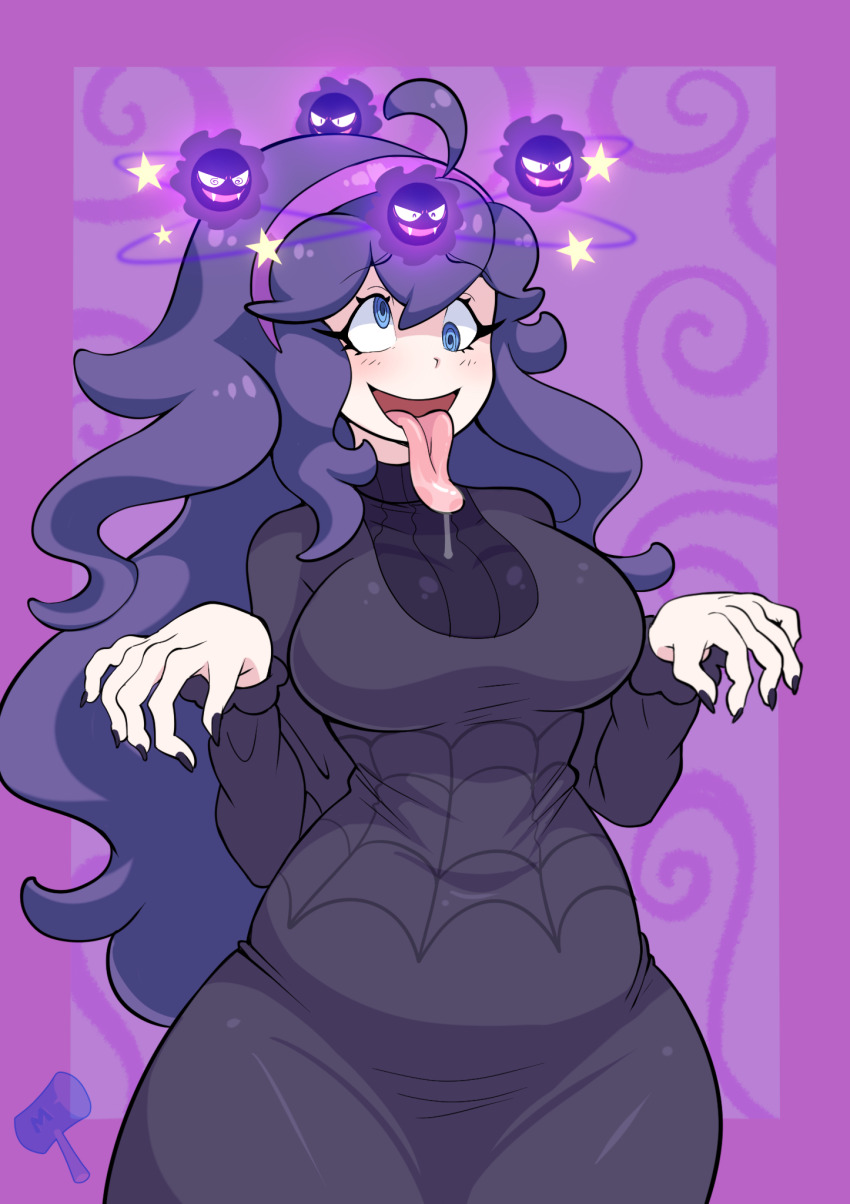 1girl @_@ alternate_breast_size big_hair black_dress black_nails blue_eyes breasts cross-eyed dazed dizzy dress drooling fainted fainting fluffy_hair game_freak gastly gen_1_pokemon hairband hex_maniac_(pokemon) highres humiliation knockout large_breasts long_hair megamallet nintendo open_mouth pokemon pokemon_xy purple_hair purple_hairband ryona saliva seeing_stars silk spider_web spider_web_pattern thick_thighs thighs tongue tongue_out very_long_hair wavy_hair wide_hips