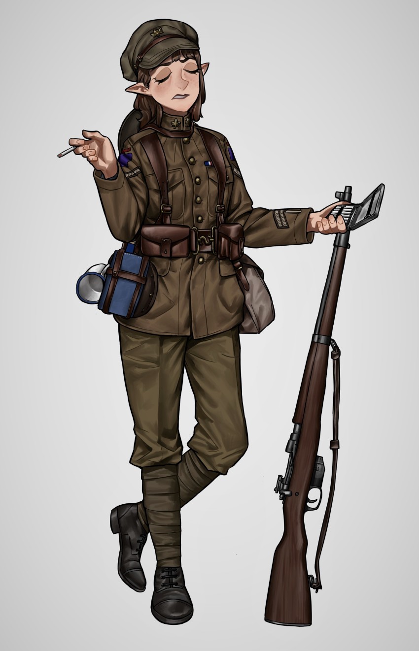 1girl absurdres black_boots boots brown_hair canada canadian_army cigarette cigarette_case commission gun highres load_bearing_equipment military military_rank_insignia military_uniform original pointy_ears puttee remora25 rifle ross_rifle simple_background smoking standing weapon world_war_i