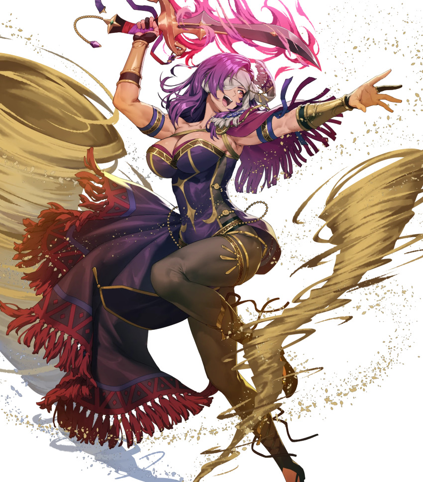 1girl attack breasts chyko cleavage dark-skinned_female dark_skin eyepatch fire_emblem fire_emblem:_mystery_of_the_emblem fire_emblem_heroes headband highres holding holding_weapon jewelry large_breasts long_hair malice_(fire_emblem) malice_(fire_emblem)_(jehanna) malice_(jehanna)_(fire_emblem) nintendo non-web_source official_alternate_costume official_art open_mouth pants pantyhose purple_hair solo tight_clothes tight_pants weapon