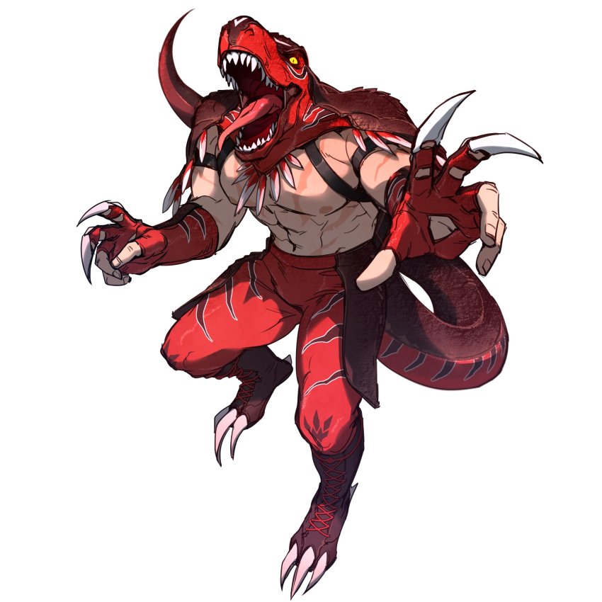 abs an_ling_withered animal_costume animal_head claw_pose costume dinosaur dinosaur_boy dinosaur_costume dinosaur_tail highres king_of_dinosaurs large_pectorals luchador luchador_mask mature_male muscular muscular_male pectorals sharp_teeth simple_background tail teeth the_king_of_fighters the_king_of_fighters_xiv topless_male white_background wrestler wrestling wrestling_mask wrestling_outfit