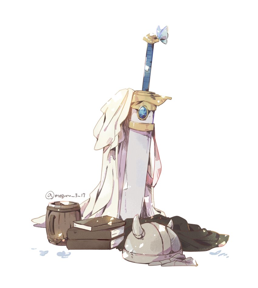 absurdres animal beer_mug black_cloak blue_butterfly blue_gemstone book book_stack bug butterfly cloak commentary_request cup fake_horns gem helmet highres horned_helmet horns insect meguru_3_17 mug no_humans planted planted_sword planted_weapon simple_background sousou_no_frieren sword twintails unworn_cloak unworn_headwear unworn_helmet weapon white_background white_cloak