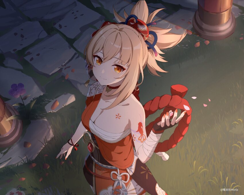 1girl arm_tattoo bandages blonde_hair breasts choker cleavage closed_mouth darkcatowo fingerless_gloves genshin_impact gloves hair_between_eyes hair_ornament highres japanese_clothes large_breasts looking_at_viewer open_hands outdoors ponytail sarashi single_glove smile solo standing tattoo yellow_eyes yoimiya_(genshin_impact)