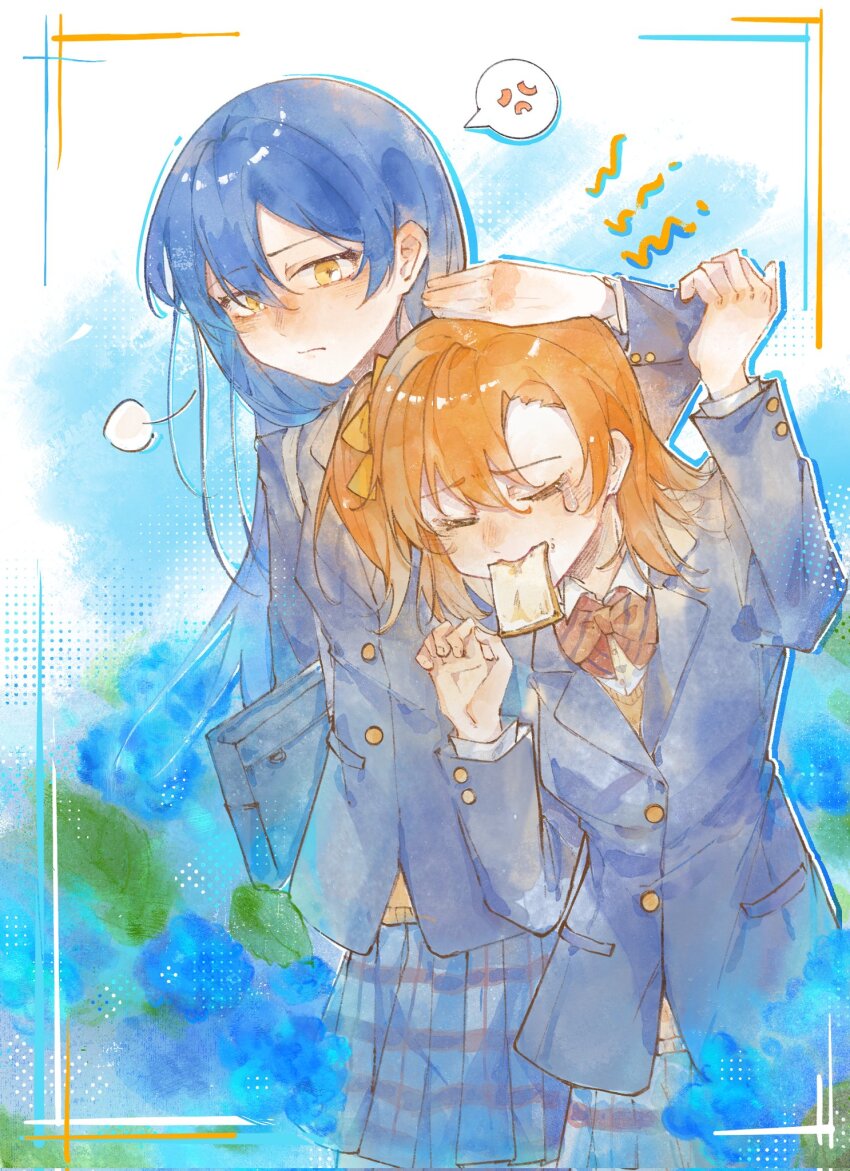 2girls arm_up blazer blue_hair blue_jacket blue_skirt bow bowtie bread bread_slice chop closed_eyes closed_mouth diagonal-striped_bow diagonal-striped_bowtie diagonal-striped_clothes food food_in_mouth hair_bow hand_up hashtag-only_commentary highres holding jacket kosaka_honoka long_hair long_sleeves looking_at_another love_live! love_live!_school_idol_project moben mouth_hold multiple_girls one_side_up orange_hair otonokizaka_school_uniform painting_(medium) plaid_clothes plaid_skirt pleated_skirt red_bow red_bowtie school_uniform short_hair skirt sonoda_umi striped_clothes tears toast toast_in_mouth traditional_media watercolor_(medium) winter_uniform yellow_bow yellow_eyes