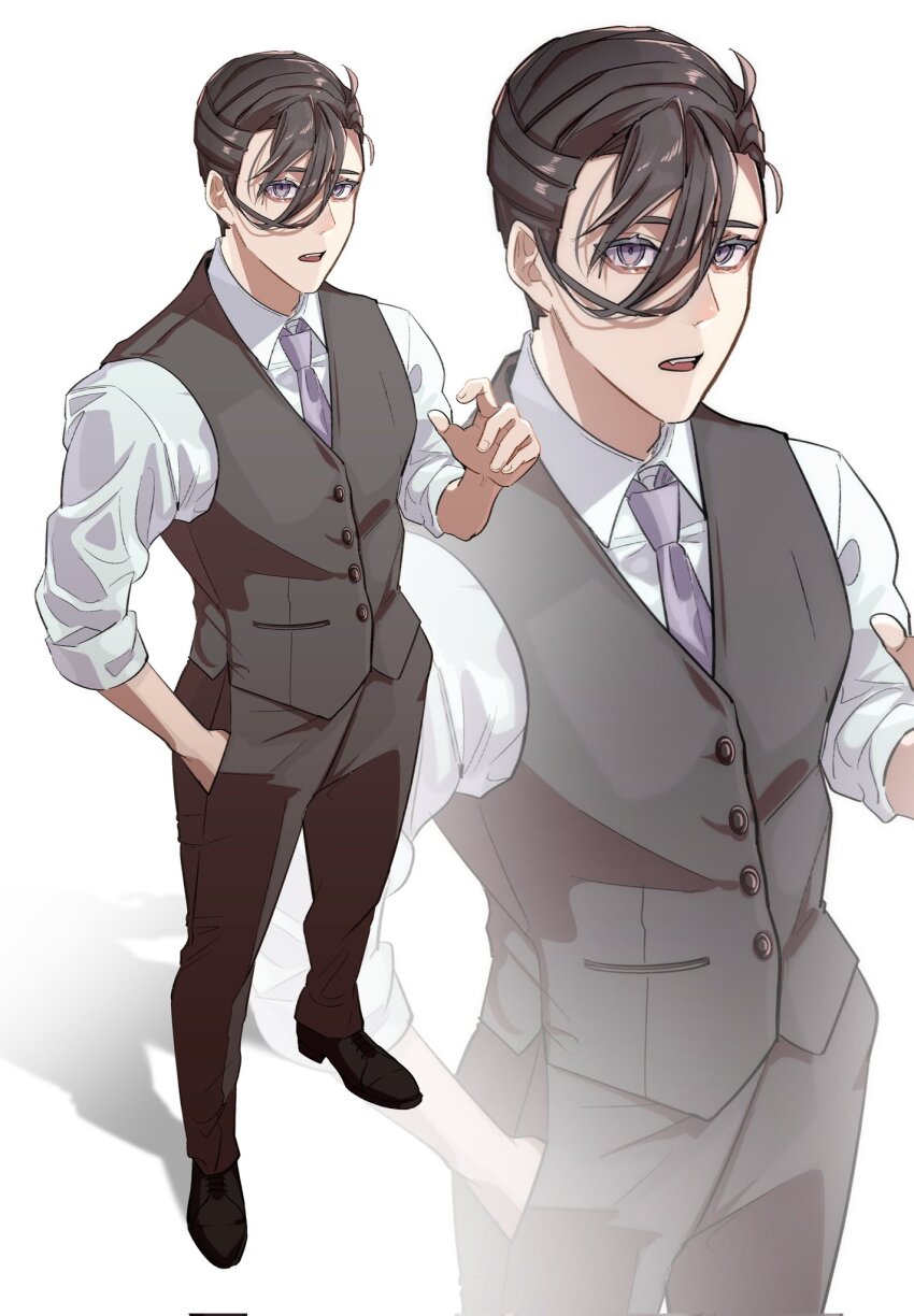 1boy ahoge black_pants black_shoes black_vest brown_hair collared_shirt fate/grand_order fate_(series) full_body hair_over_one_eye hair_pulled_back hand_in_pocket hand_up highres looking_at_viewer male_focus necktie open_mouth pants purple_eyes purple_necktie shirt shoes short_hair simple_background sleeves_rolled_up solo standing vest white_background white_shirt yamanami_keisuke_(fate) yogu_tachi zoom_layer
