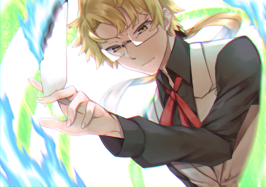 1boy birthday blue_fire bungou_stray_dogs burning burning_paper fire holding holding_paper kamehima kunikida_doppo_(bungou_stray_dogs) paper ponytail rectangular_eyewear vest yellow_eyes
