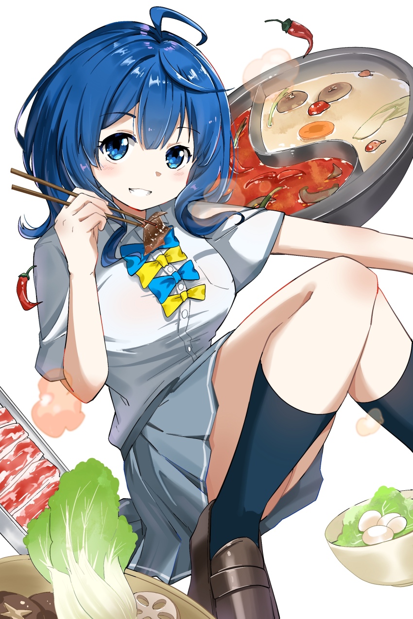 1girl absurdres ahoge black_socks blue_bow blue_bowtie blue_eyes blue_hair blush bow bowtie breasts brown_shoes buttons carrot_slice chili_pepper chinese_commentary chopsticks collared_shirt commentary_request dark_blue_hair dress_shirt flipped_hair food food-themed_background food_focus food_request grey_skirt grin highres holding holding_chopsticks hotpot kneehighs kongzhiailian large_breasts legs_folded lettuce loafers looking_at_viewer lotus_root lotus_root_slice make_heroine_ga_oo_sugiru! meat medium_hair midair miniskirt mushroom pleated_skirt school_uniform shirt shoes short_sleeves simple_background skirt smile socks solo steam summer_uniform tsuwabuki_high_school_uniform white_background white_shirt yanami_anna yellow_bow yellow_bowtie
