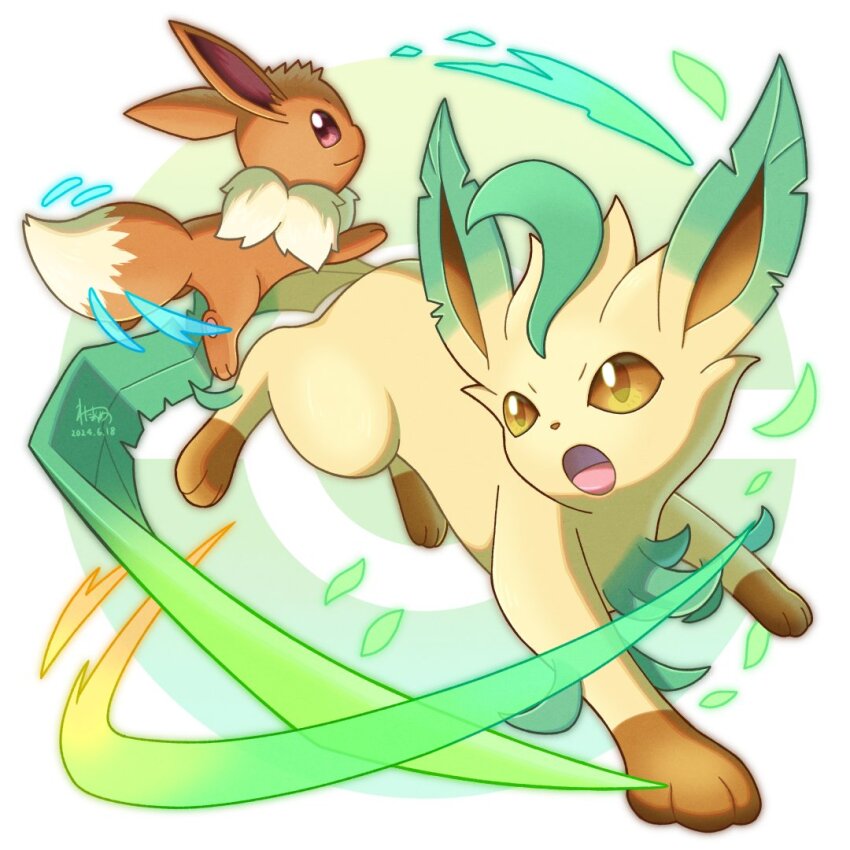 brown_fur eevee energy gen_1_pokemon gen_4_pokemon green_fur leaf leafeon looking_at_viewer looking_back nintendo no_humans open_mouth pokemon pokemon_(creature) two-tone_background wataame4907 white_background yellow_fur