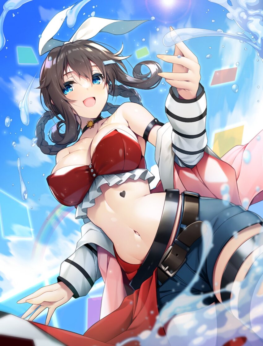 1girl belt bikini blue_eyes blue_sky braid braided_hair_rings brown_hair commentary_request hair_ribbon hair_rings heart heart_tattoo highres jacket large_pectorals love_live! love_live!_nijigasaki_high_school_idol_club love_live!_nijigasaki_high_school_idol_club_the_movie_-_finale navel official_alternate_costume open_mouth osaka_shizuku pectorals pink_jacket rainbow red_bikini ribbon rise_up_high!_(love_live!) shorts sky smile solo swimsuit tattoo water yuuki_makoto_(radiant)