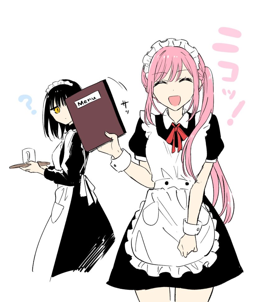 2girls akinoko_(noco916) alternate_costume apron bikini black_dress black_hair choppy_bangs closed_eyes closed_mouth dot_mouth dress enmaided frilled_apron frills highres holding holding_tray long_dress long_hair looking_at_viewer maid maid_apron maid_bikini maid_headdress medium_hair multiple_girls nekozane_mugi open_mouth pink_hair puffy_short_sleeves puffy_sleeves short_dress short_sleeves side_ponytail slit_pupils swimsuit tonari_no_neko_to_koi_shirazu tray unconventional_maid usagihara_momoka waist_apron white_apron wrist_cuffs