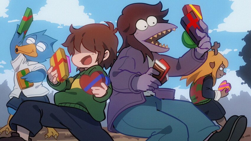 1boy 1other 2girls 365mimimi :v ^_^ animal_ears antlers barefoot beak berdly_(deltarune) bird_boy black_shoes blonde_hair blue_feathers blue_pants blue_sky box brown_fur brown_hair brown_shoes buck_teeth checkered_clothes checkered_vest chocolate closed_eyes cloud collared_shirt colored_skin deer_antlers deer_ears deer_girl deltarune denim feathers food freckles furry furry_female gift gift_box glasses green_sweater happy happy_valentine heart-shaped_box highres holding holding_box holding_chocolate holding_food horns jacket jeans kris_(deltarune) long_hair medium_hair multiple_girls noelle_holiday open_clothes open_jacket open_mouth pants purple_jacket purple_scales purple_skin reindeer_antlers reindeer_girl reptile_girl shaded_face sharp_teeth shirt shoes shorts single_horizontal_stripe skirt sky smile susie_(deltarune) sweater teeth tree two-tone_sweater_vest vest wide-eyed