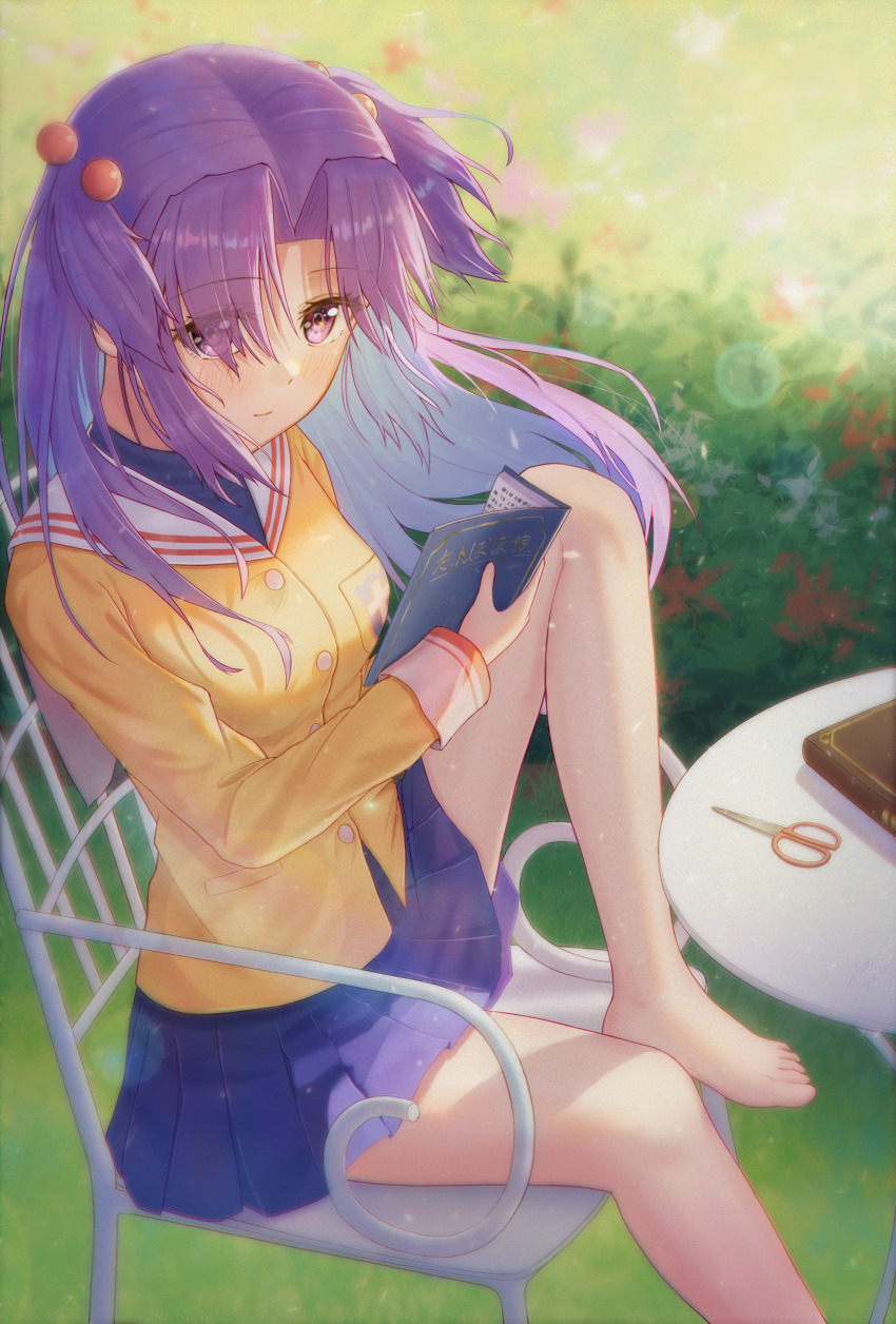 1girl absurdres barefoot blue_skirt blush book clannad closed_mouth commentary_request day eyelashes eyes_visible_through_hair film_grain floating_hair flowingcrescent garden hair_between_eyes hair_bobbles hair_ornament hand_up highres hikarizaka_private_high_school_uniform holding holding_book ichinose_kotomi jacket knee_up long_sleeves looking_at_viewer miniskirt on_chair open_book outdoors pleated_skirt purple_eyes purple_hair sailor_collar school_uniform scissors serafuku sitting skirt smile solo toes turtleneck two_side_up white_sailor_collar yellow_jacket
