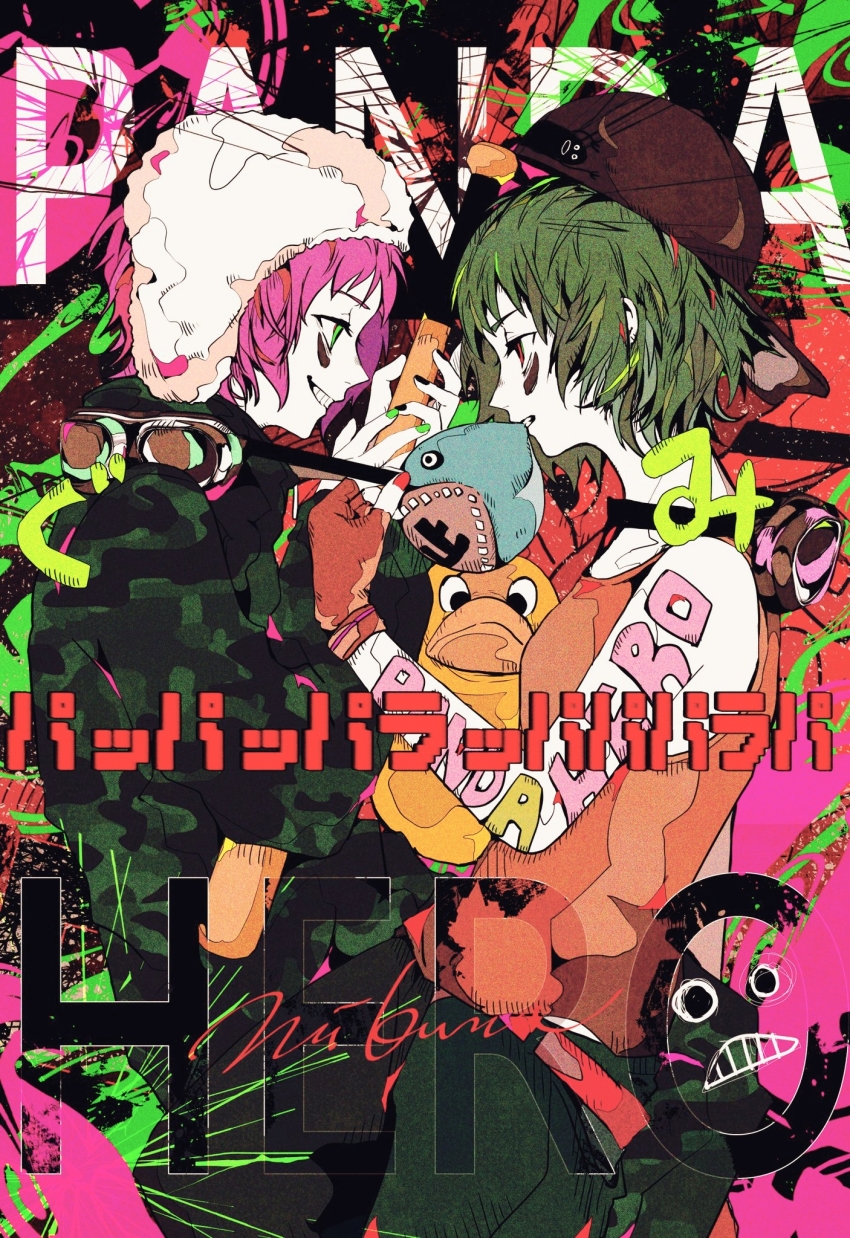 2girls 3kuma arm_tattoo backwards_hat baseball_bat baseball_cap beanie black_nails blowing_bubbles bomber_jacket brown_gloves chewing_gum dual_persona earflap_beanie eye_contact facial_mark fingerless_gloves fur_hat gloves goggles goggles_around_neck green_eyes green_hair green_jacket green_nails grin gumi hat highres holding holding_baseball_bat jacket looking_at_another multiple_girls orange_tank_top pale_skin panda_hero_(vocaloid) pink_hair red_eyes red_nails short_hair smile song_name tank_top tattoo vocaloid