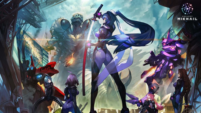 5girls aircraft alien antenna_hair artist_request ass ayamine_kei beta_(muv-luv) blue_hair braid breasts brown_hair commentary copyright_name english_commentary explosion floating_hair fortified_suit glowing glowing_eye gun hair_ears helicopter highres holding holding_gun holding_sword holding_weapon large_breasts logo long_hair looking_up mecha mecha_pilot_suit mitsurugi_meiya multiple_girls muv-luv muv-luv_alternative official_art parted_bangs pink_hair project_mikhail purple_hair red_eyes rifle robot sakaki_chizuru science_fiction sheath short_hair sitting sniper_rifle standing sword tactical_surface_fighter tamase_miki twin_braids twintails type_00_takemikazuchi unsheathing weapon yoroi_mikoto