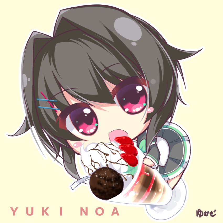1girl 9-nine- artist_name black_hair blush_stickers character_name chibi colored_eyelashes commentary_request cream cup dutch_angle eyes_visible_through_hair food from_above fruit hair_between_eyes hair_intakes hair_ornament hairclip holding holding_cup imminent_eating long_sleeves looking_at_viewer open_mouth parfait red_eyes school_uniform short_hair simple_background solo strawberry wide_sleeves yellow_background yukaze yuuki_noa