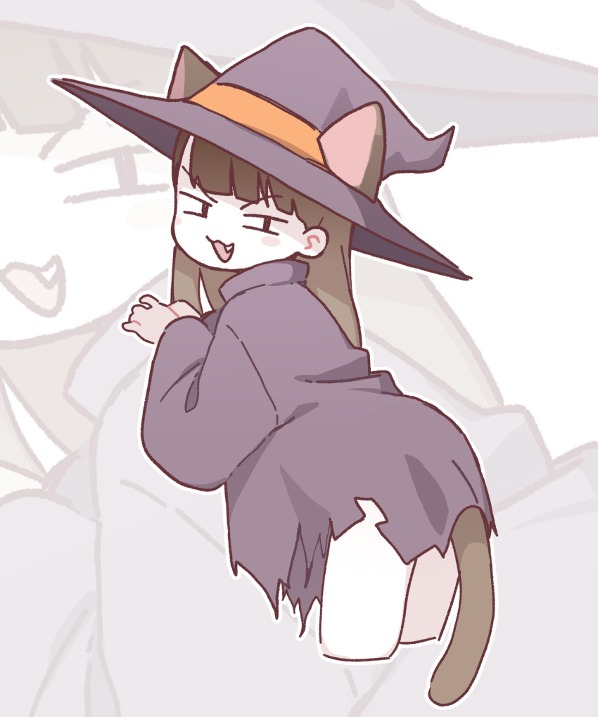 1girl :3 animal_ears brown_hair cat_ears cat_girl cat_tail child_gf_(orenji) commentary english_commentary fang from_behind grey_cloak grey_hat halloween_costume hat highres kemonomimi_mode leaning_forward long_hair long_sleeves looking_at_viewer looking_back naughty_face open_mouth orenjipiiru original own_hands_together paid_reward_available smile solo tail witch_hat