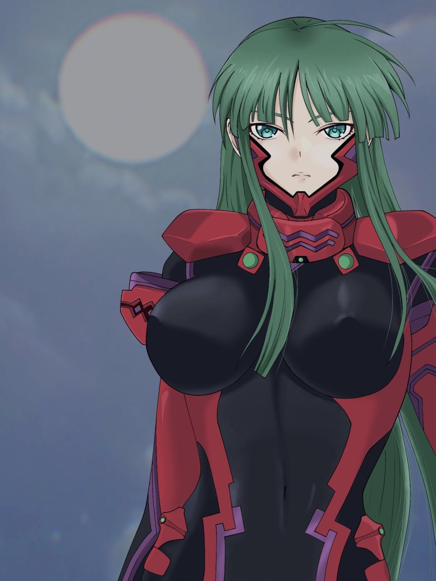 1girl breasts covered_erect_nipples expressionless eyebrows_hidden_by_hair fortified_suit ginrei_(ginrei_ginrei) green_eyes green_hair highres large_breasts long_hair looking_at_viewer mecha_pilot_suit moon muv-luv muv-luv_alternative muv-luv_alternative_(anime) night night_sky pilot_suit skin_tight sky solo tsukuyomi_mana
