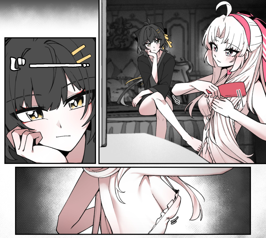 2girls ahoge back bedroom black_bow black_hair black_robe bow breasts carlotta_(wuthering_waves) closed_mouth commentary_request crossed_legs dress female_rover_(wuthering_waves) hair_bow hair_ornament hair_ribbon hairband hairclip highres indoors long_hair looking_at_another looking_at_breasts multiple_girls navel paid_reward_available parallel_hairclips parted_bangs pink_bow pink_hairband ribbon robe rover_(wuthering_waves) small_breasts starblame striped_bow wuthering_waves yellow_eyes yellow_ribbon yuri