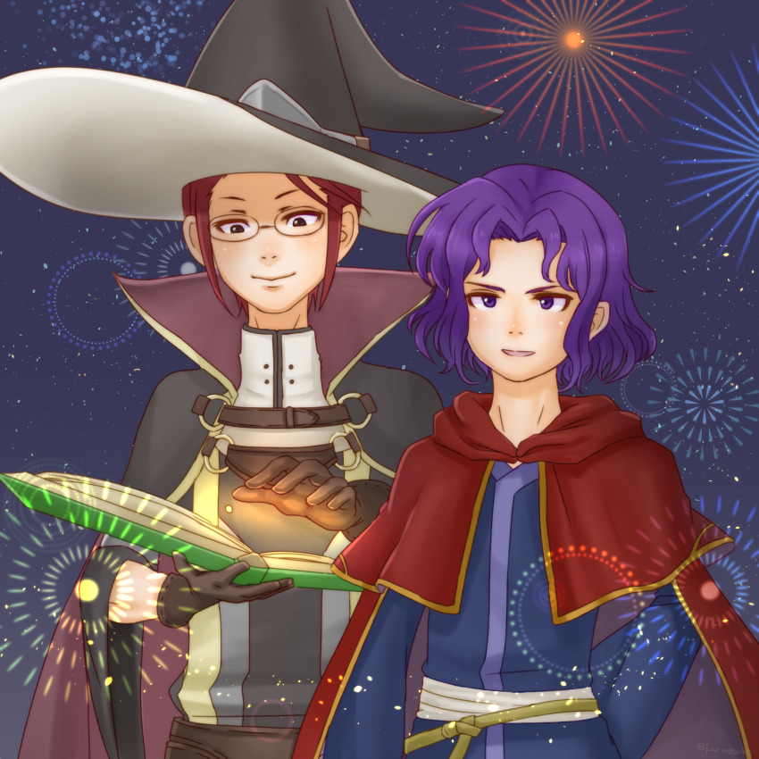 2boys book erk_(fire_emblem) fire_emblem fire_emblem:_the_blazing_blade fire_emblem_awakening fireworks highres holding holding_book karinosuke laurent_(fire_emblem) looking_at_viewer male_focus multiple_boys nintendo purple_hair upper_body