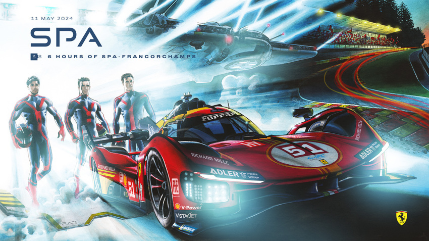 3boys alessandro_pier_guidi antonio_giovinazzi black_bodysuit black_hair bodysuit brown_hair car circuit_de_spa-francorchamps commentary covered_pectorals english_commentary facial_hair ferrari ferrari_499p glowing goatee james_calado le_mans_prototype light_trail logo michelin michelin_man motor_vehicle multiple_boys official_art patrizio_evangelisti pectorals pilot_suit promotional_art race_vehicle racecar real_life red_car shell_(company) skin_tight smile smoke sunset vehicle_focus western_comics_(style) world_endurance_championship