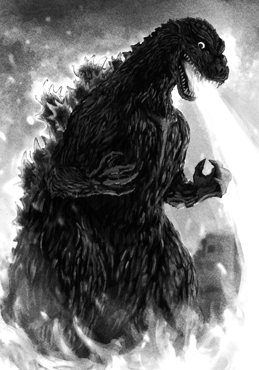 absurdres akito1218 atomic_breath breath_weapon dinosaur energy energy_beam fangs fire giant giant_monster glowing glowing_mouth glowing_spikes godzilla godzilla_(1954) godzilla_(series) highres kaiju monochrome monster mouth_beam muscular muscular_arms muscular_legs no_humans open_mouth pectorals revision sea_monster sharp_teeth spikes teeth thick_thighs thighs toho tongue white_fire