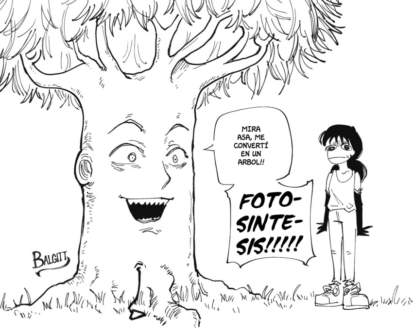 1girl artist_name chainsaw_man denji_(chainsaw_man) grass greyscale highres mitaka_asa monochrome pants sharp_teeth spanish_text speech_bubble standing sweatdrop tank_top teeth translated tree victorbalgitt