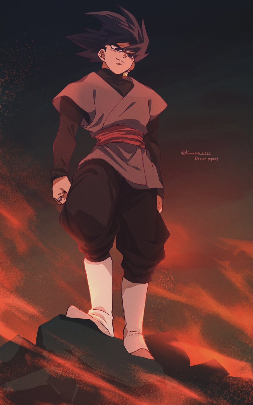 1boy black_bodysuit black_eyes black_hair black_pants bodysuit boots dougi dragon_ball dragon_ball_super earrings goku_black highres jewelry komesan_0212 long_sleeves looking_down pants potara_earrings red_sash ring saiyan sash smirk solo spiked_hair white_boots