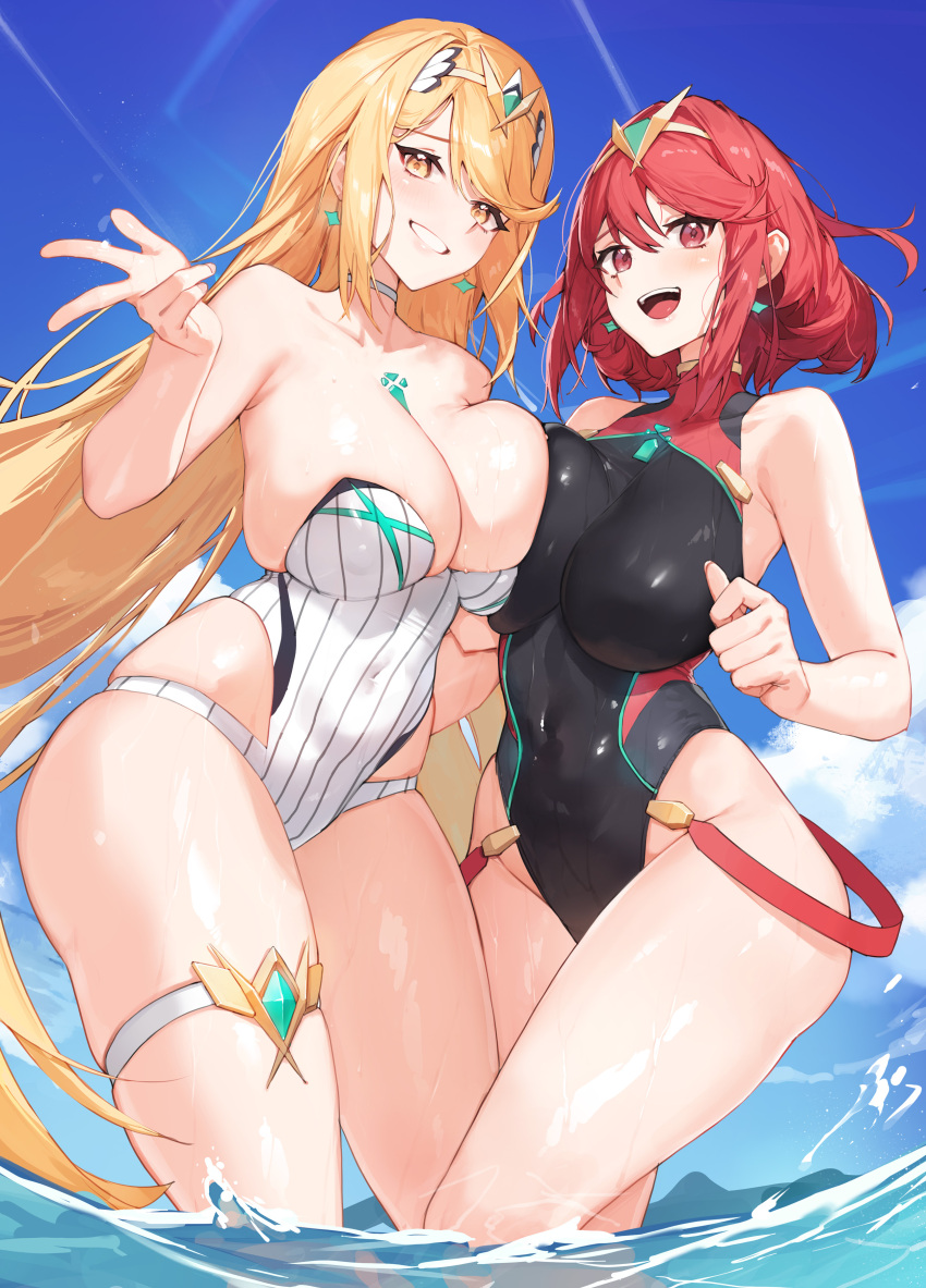 2girls absurdres bare_shoulders black_one-piece_swimsuit blonde_hair blue_sky blush breast_press breasts chest_jewel cloud core_crystal_(xenoblade) covered_navel day earrings floating_earrings gem grin headpiece highres jewelry large_breasts long_hair looking_at_viewer multiple_girls mythra_(xenoblade) one-piece_swimsuit open_mouth outdoors partially_submerged pyra_(xenoblade) red_eyes red_hair ribbed_swimsuit short_hair sky smile standing strapless strapless_one-piece_swimsuit striped_clothes striped_one-piece_swimsuit swept_bangs swimsuit symmetrical_docking teeth thigh_strap tiara tunamayo_(dsasd751) vertical-striped_clothes vertical-striped_one-piece_swimsuit wading water wet xenoblade_chronicles_(series) xenoblade_chronicles_2 yellow_eyes yuri