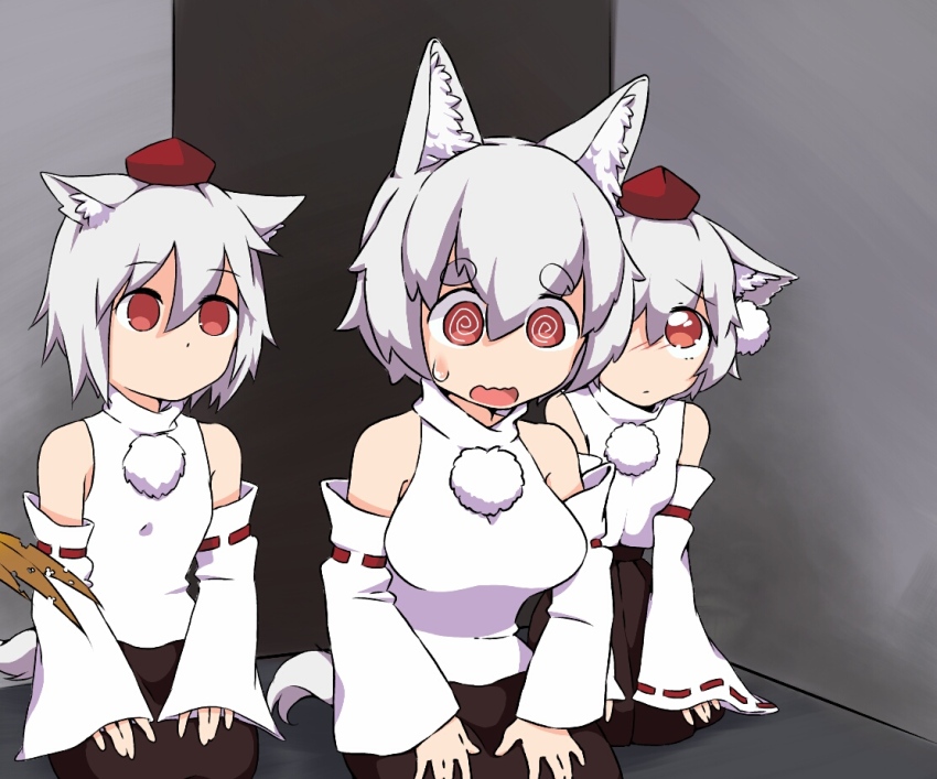 3girls animal_ear_fluff animal_ears black_skirt breasts chanpuru_(nicoseiga_67544477) commentary_request cookie_(touhou) detached_sleeves flat_chest full_body grey_hair hands_on_own_knees hat inu_(cookie) inubashiri_momiji kuso_inu_(cookie) manatsu_no_yo_no_inmu medium_breasts multiple_girls no_mouth parody pom_pom_(clothes) red_eyes red_hat ribbon-trimmed_sleeves ribbon_trim seiza shirt short_hair sitting skirt sleeveless sleeveless_shirt tail thick_eyebrows tokin_hat touhou turtleneck turtleneck_shirt web_(cookie) white_shirt white_sleeves wolf_ears wolf_girl wolf_tail