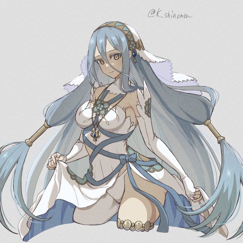 1girl azura_(fire_emblem) blue_hair choker clothes_lift detached_sleeves dress dress_lift fire_emblem fire_emblem_fates hair_between_eyes hair_ornament hair_tubes highres jewelry karashino long_hair looking_at_viewer nintendo pendant sleeveless sleeveless_dress solo twitter_username underwear veil very_long_hair white_choker white_dress white_veil yellow_eyes