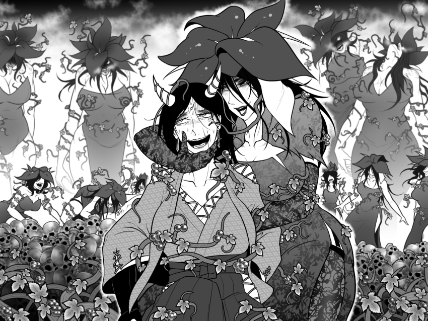 6+girls blush breasts cleavage clone commentary_request cowboy_shot dress flower flower_on_head food fruit gloves grapes greyscale grin hair_between_eyes hakama hakama_skirt hand_on_another&#039;s_chin highres horns japanese_clothes lace lace_gloves large_breasts leotard long_bangs long_hair looking_at_another looking_to_the_side monochrome multiple_girls nervous_smile nervous_sweating nippaku_zanmu open_mouth pile_of_skulls ryuuichi_(f_dragon) shaded_face sharp_teeth shirt skirt skull smile strapless strapless_dress strapless_leotard sweat tassel teeth touhou vine_print yomotsu_hisami yuri